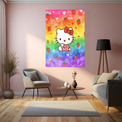 Hello Kitty with Strawberries – Rainbow Kawaii Metal Frame | Cute Sanrio Wall Art | Pastel Aesthetic Decor