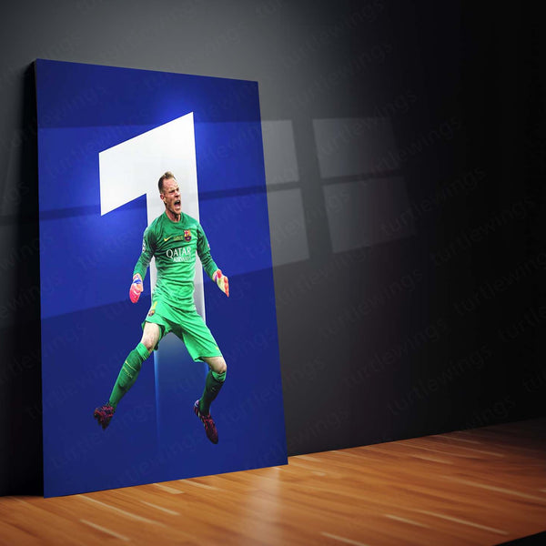 Barcelona Goalkeeper in Green Kit – Airborne Save with #1 Backdrop – Metal Frame | Dynamic Football Wall Art - TURTLEWINGS 
