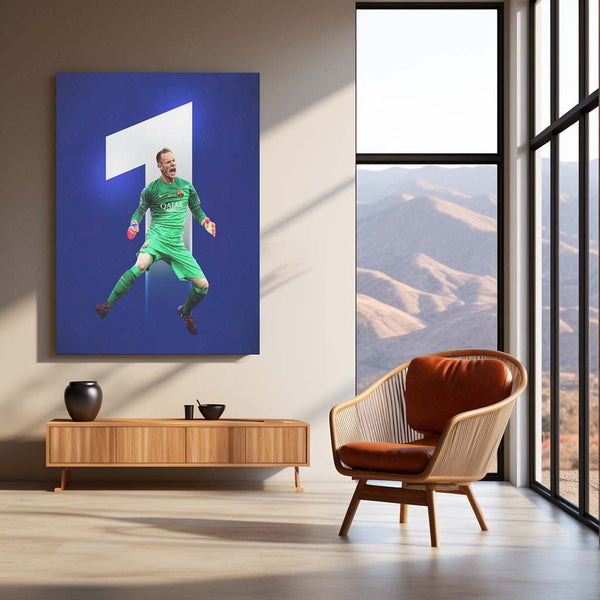 Barcelona Goalkeeper in Green Kit – Airborne Save with #1 Backdrop – Metal Frame | Dynamic Football Wall Art - TURTLEWINGS 