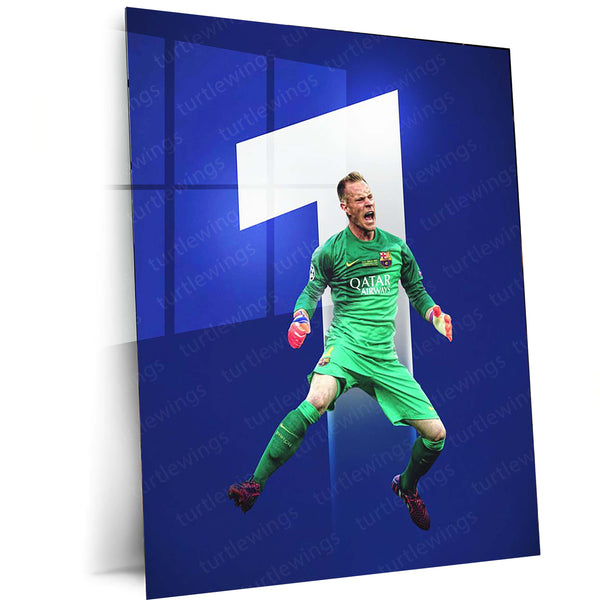 Barcelona Goalkeeper in Green Kit – Airborne Save with #1 Backdrop – Metal Frame | Dynamic Football Wall Art - TURTLEWINGS 