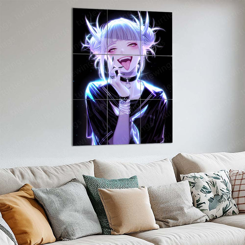 Anime Metal Poster Set of 9 | Himiko Toga | My Hero Academia Anime Wall Art | Villain Girl Purple Neon 9 Panel Metal Print