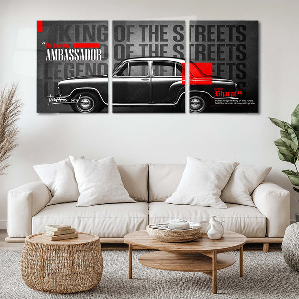 Car Metal Poster Set of 3 | Hindustan Ambassador | King of the Streets Classic Indian Car Triptych Wall Art | Premium Automotive Metal Print