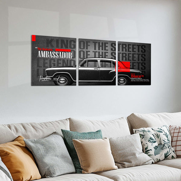 Car Metal Poster Set of 3 | Hindustan Ambassador | King of the Streets Classic Indian Car Triptych Wall Art | Premium Automotive Metal Print