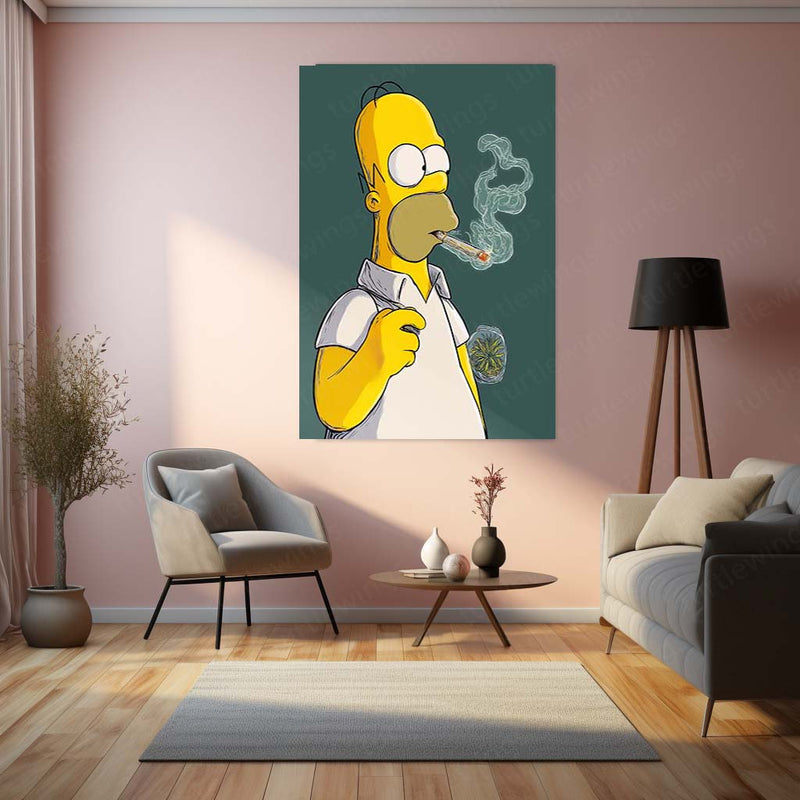 Homer Simpson Smoking – Funny Cartoon Cannabis Art Metal Frame | Pop Culture Weed Poster | Stoner Wall Decor