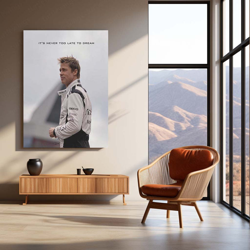 Quote Metal Poster | Brad Pitt – It’s Never Too Late to Dream | Inspirational Racing Motivation Metal Frame | Success Mindset