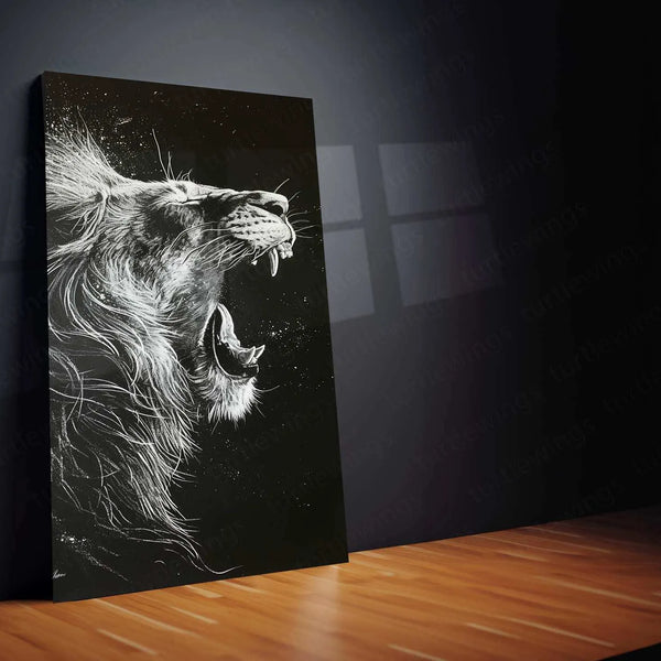 Roaring Lion – White Ink on Black Paper Metal Poster - TURTLEWINGS 