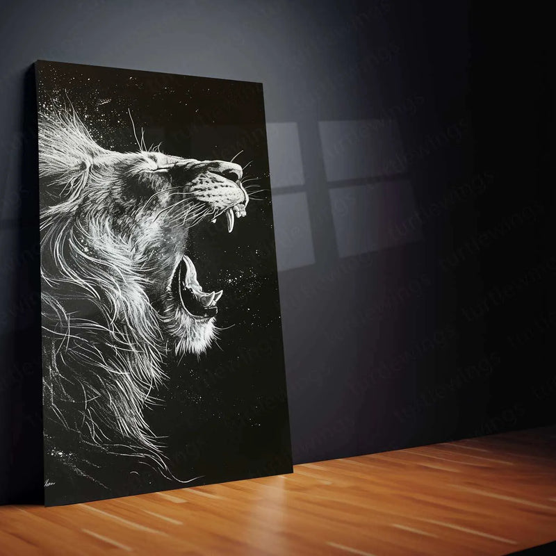 Roaring Lion – White Ink on Black Paper Metal Poster - TURTLEWINGS 