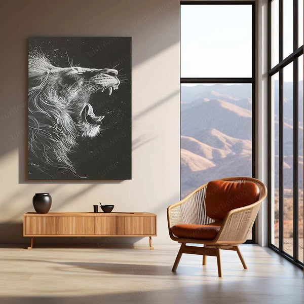 Roaring Lion – White Ink on Black Paper Metal Poster - TURTLEWINGS 