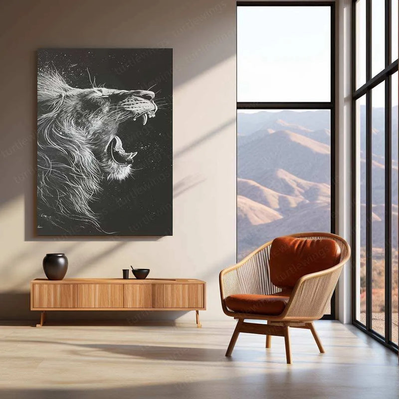 Roaring Lion – White Ink on Black Paper Metal Poster - TURTLEWINGS 