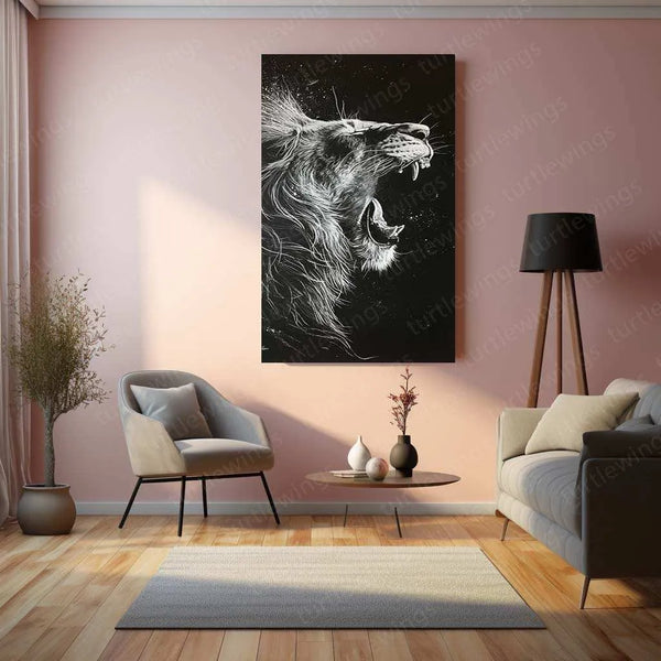 Roaring Lion – White Ink on Black Paper Metal Poster - TURTLEWINGS 