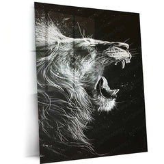 Roaring Lion – White Ink on Black Paper Metal Poster - TURTLEWINGS 