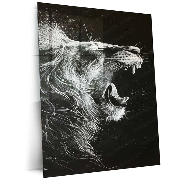 Roaring Lion – White Ink on Black Paper Metal Poster - TURTLEWINGS 