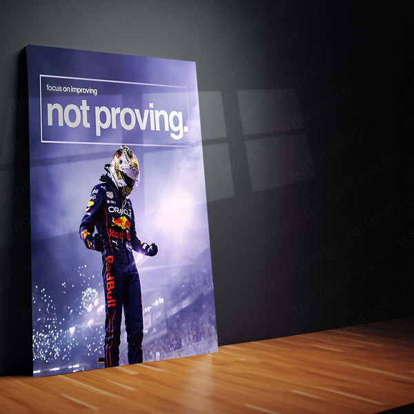 Quote Metal Poster | Max Verstappen – Improve, Don’t Prove Metal Frame Relentless Growth, Quiet Dominance & Champion Mindset Wall Art | “Focus on Improving, Not Proving” Quote