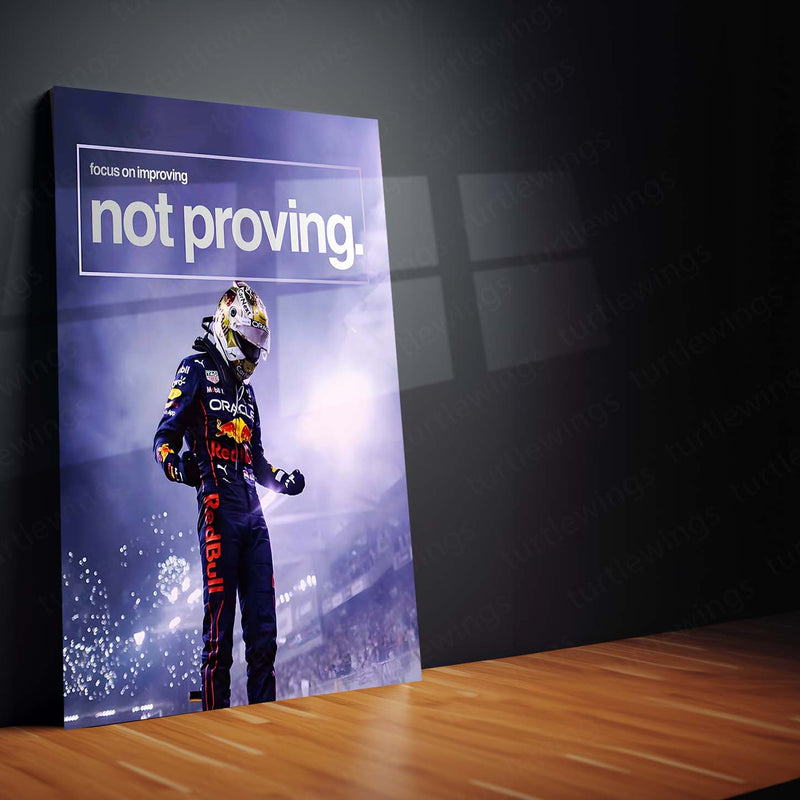 Quote Metal Poster | Max Verstappen – Improve, Don’t Prove Metal Frame Relentless Growth, Quiet Dominance & Champion Mindset Wall Art | “Focus on Improving, Not Proving” Quote