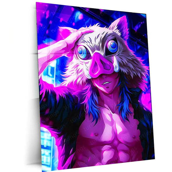 Anime Metal Poster | Inosuke Hashibira – Neon Art Metal Poster | Demon Slayer Wall Frame