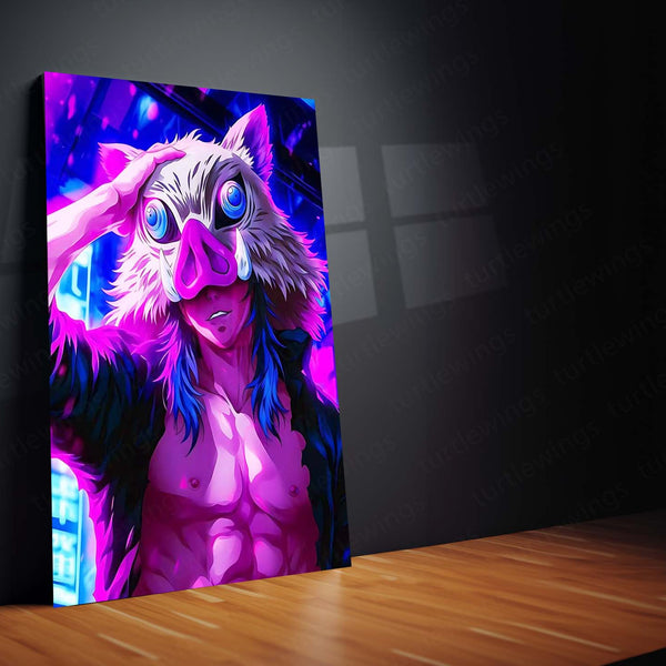 Anime Metal Poster | Inosuke Hashibira – Neon Art Metal Poster | Demon Slayer Wall Frame