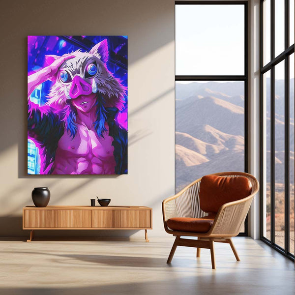 Anime Metal Poster | Inosuke Hashibira – Neon Art Metal Poster | Demon Slayer Wall Frame