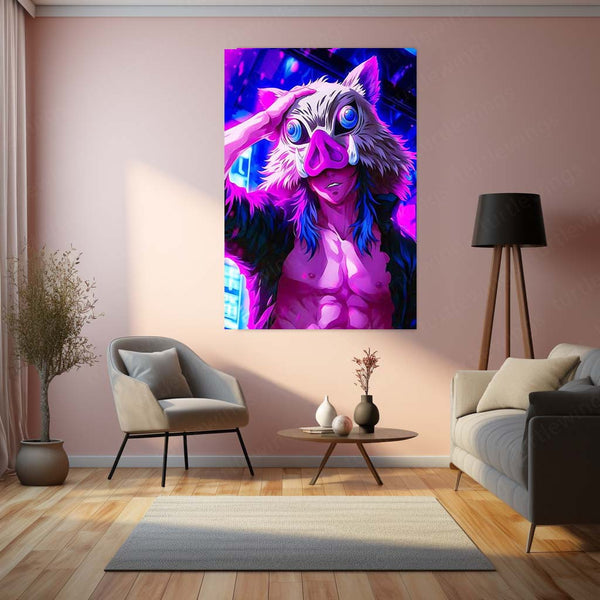 Anime Metal Poster | Inosuke Hashibira – Neon Art Metal Poster | Demon Slayer Wall Frame