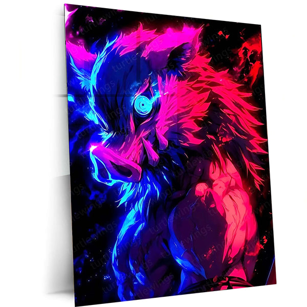 Anime Metal Poster | Inosuke Hashibira – Neon Beast Rage Metal Poster | Demon Slayer Wall Art Frame