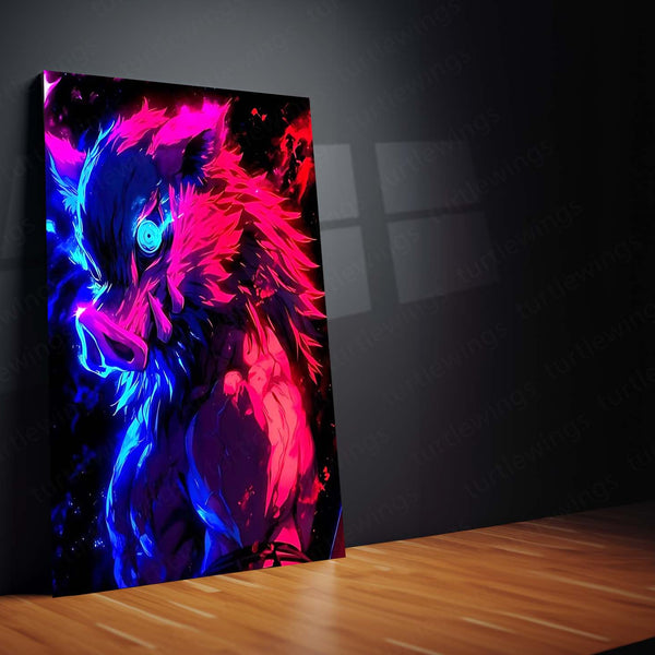 Anime Metal Poster | Inosuke Hashibira – Neon Beast Rage Metal Poster | Demon Slayer Wall Art Frame