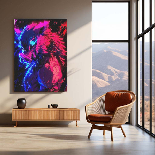 Anime Metal Poster | Inosuke Hashibira – Neon Beast Rage Metal Poster | Demon Slayer Wall Art Frame