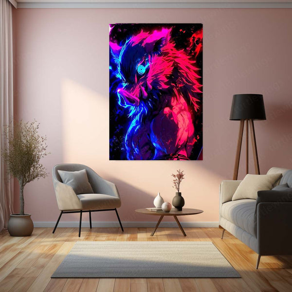 Anime Metal Poster | Inosuke Hashibira – Neon Beast Rage Metal Poster | Demon Slayer Wall Art Frame