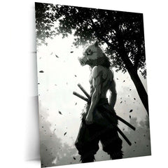 Anime Metal Poster | Inosuke Hashibira Metal Poster | Demon Slayer Anime Wall Art | Black & White Warrior Metal Print