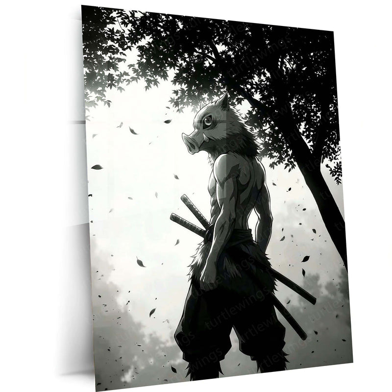 Anime Metal Poster | Inosuke Hashibira Metal Poster | Demon Slayer Anime Wall Art | Black & White Warrior Metal Print