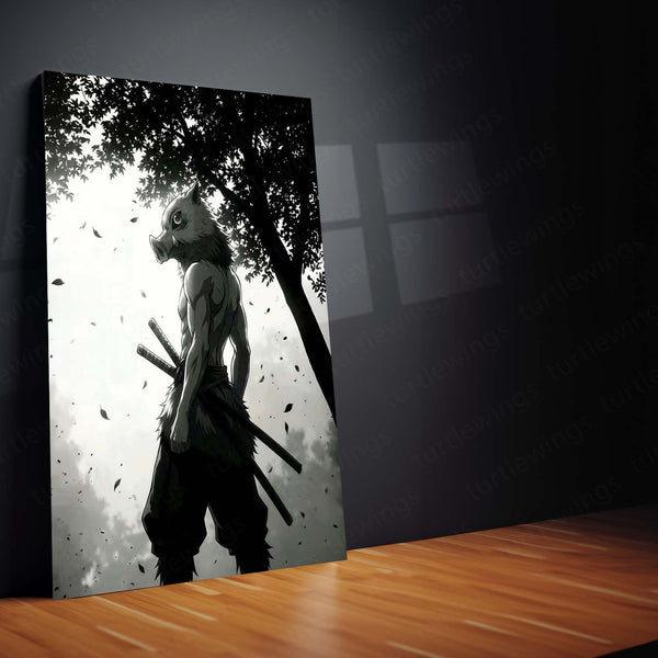 Anime Metal Poster | Inosuke Hashibira Metal Poster | Demon Slayer Anime Wall Art | Black & White Warrior Metal Print
