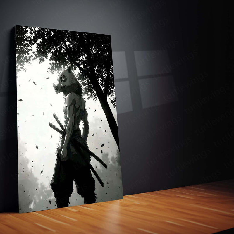 Anime Metal Poster | Inosuke Hashibira Metal Poster | Demon Slayer Anime Wall Art | Black & White Warrior Metal Print