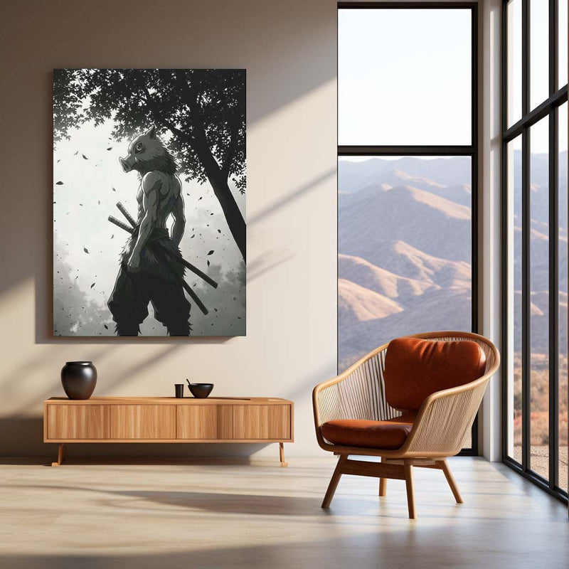 Anime Metal Poster | Inosuke Hashibira Metal Poster | Demon Slayer Anime Wall Art | Black & White Warrior Metal Print