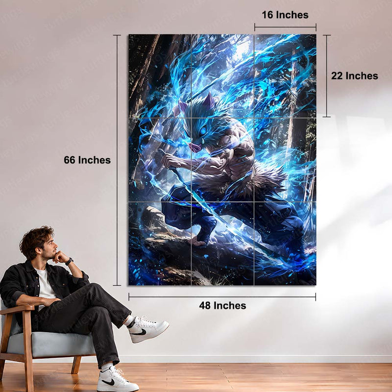 Anime Metal Poster Set of 9 | Demon Slayer | Inosuke Hashibira Anime Wall Art | Boar Mask Warrior 9 Panel Metal Print | Kimetsu no Yaiba Decor