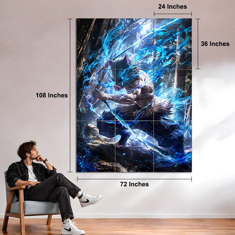 Anime Metal Poster Set of 9 | Demon Slayer | Inosuke Hashibira Anime Wall Art | Boar Mask Warrior 9 Panel Metal Print | Kimetsu no Yaiba Decor