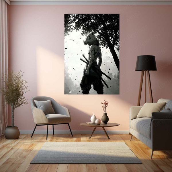 Anime Metal Poster | Inosuke Hashibira Metal Poster | Demon Slayer Anime Wall Art | Black & White Warrior Metal Print