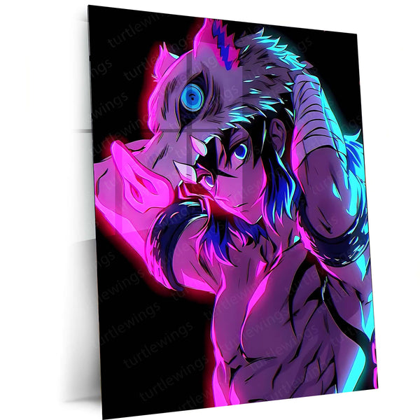 Anime Metal Poster | Inosuke Hashibira – Wild Beast Mode Neon Metal Poster | Demon Slayer Wall Frame