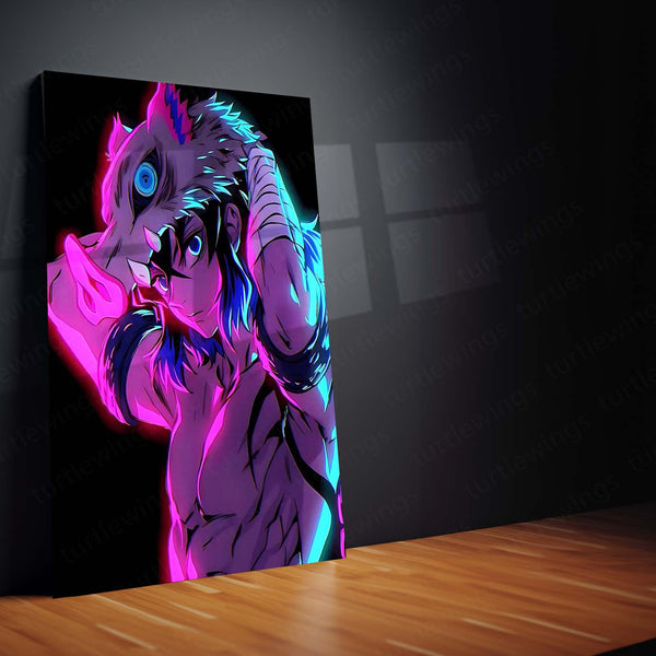 Anime Metal Poster | Inosuke Hashibira – Wild Beast Mode Neon Metal Poster | Demon Slayer Wall Frame