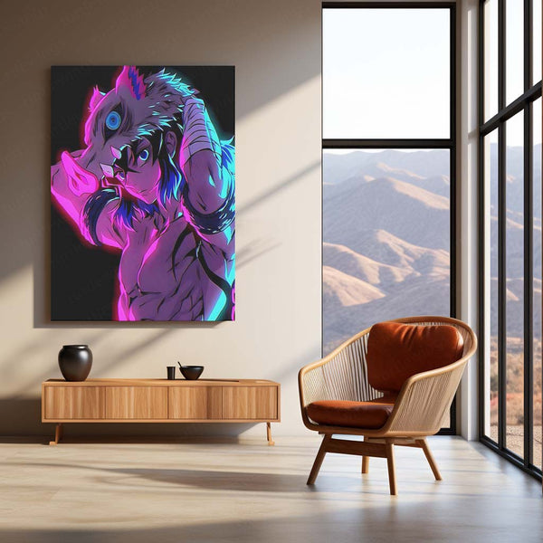 Anime Metal Poster | Inosuke Hashibira – Wild Beast Mode Neon Metal Poster | Demon Slayer Wall Frame