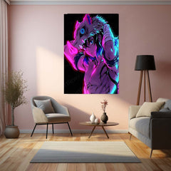 Anime Metal Poster | Inosuke Hashibira – Wild Beast Mode Neon Metal Poster | Demon Slayer Wall Frame