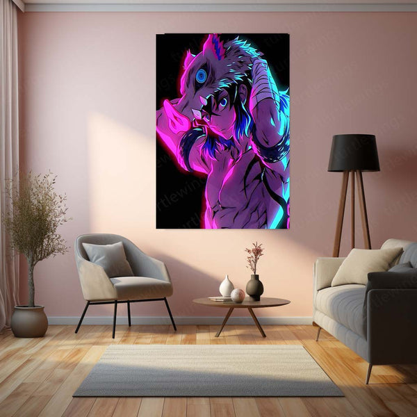 Anime Metal Poster | Inosuke Hashibira – Wild Beast Mode Neon Metal Poster | Demon Slayer Wall Frame