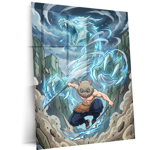 Anime Metal Poster | Inosuke Hashibira Beast Breathing Metal Poster | Demon Slayer Anime Wall Art | Premium Action Metal Print