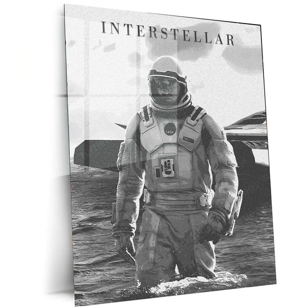 Interstellar Astronaut – Black & White Cosmic Exploration Metal Poster | Sci-Fi Wall Frame