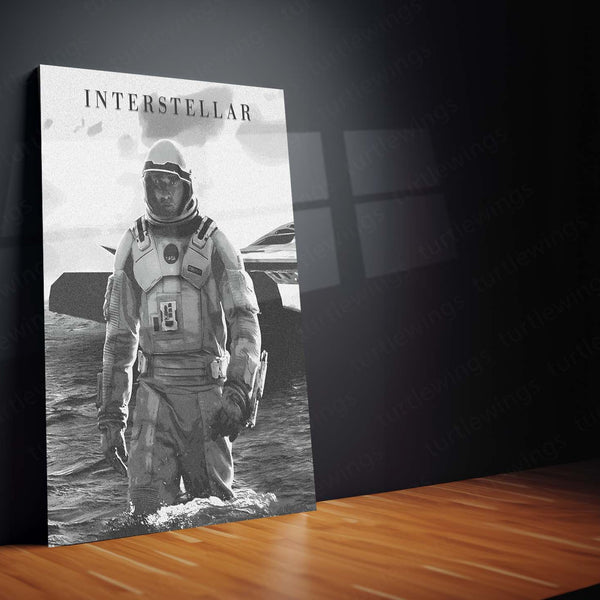 Interstellar Astronaut – Black & White Cosmic Exploration Metal Poster | Sci-Fi Wall Frame