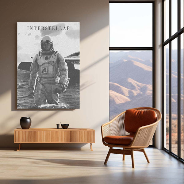 Interstellar Astronaut – Black & White Cosmic Exploration Metal Poster | Sci-Fi Wall Frame