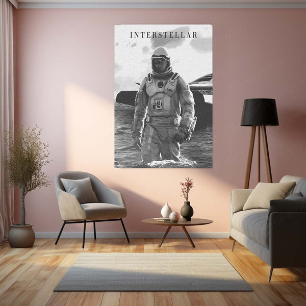 Interstellar Astronaut – Black & White Cosmic Exploration Metal Poster | Sci-Fi Wall Frame
