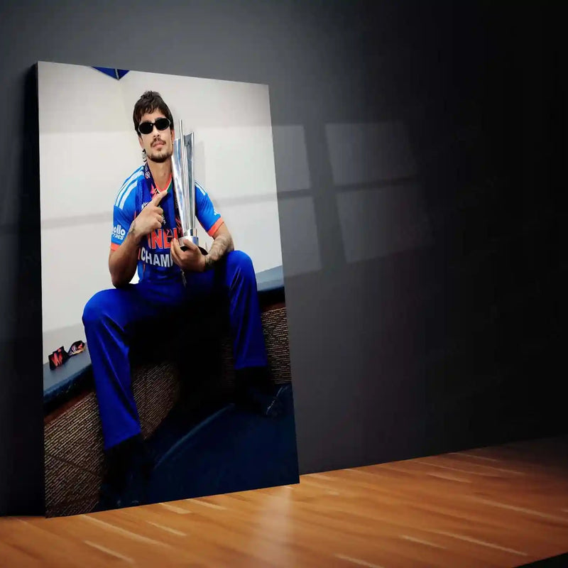 Cricket Metal Poster | Ishan Kishan Champion Metal Poster | Team India Victory Trophy Wall Art | Cricket Superstar Portrait Frame - TURTLEWINGS 