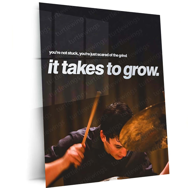 Quote Metal Poster | Andrew Neiman – It Takes the Grind Metal Frame Relentless Practice, Obsession & Greatness Mindset Wall Art | “It Takes the Grind to Grow” Quote Metal Poster