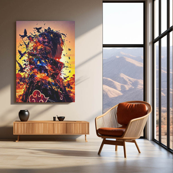 Anime Metal Poster | Naruto Metal Poster | Itachi Uchiha Akatsuki Sunset Wall Art | Epic Shinobi Anime Metal Frame