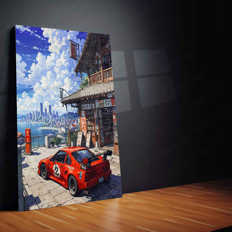 JDM Car x City View – Anime Aesthetic Metal Poster | Night Drive Vibes Wall Art