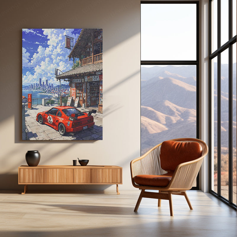 JDM Car x City View – Anime Aesthetic Metal Poster | Night Drive Vibes Wall Art
