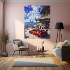 JDM Car x City View – Anime Aesthetic Metal Poster | Night Drive Vibes Wall Art